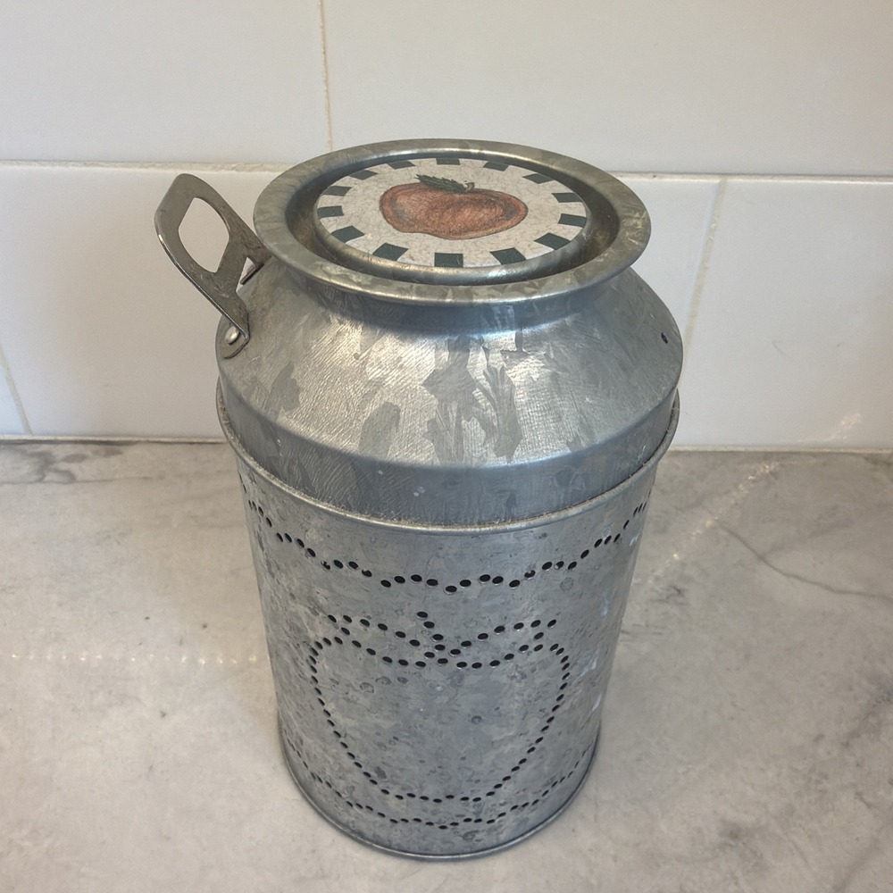 Vtg Apple PunchedTin Milk Can Perforated Canister Candle Holder Inlay Rustic 6"